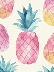 Poster - Colorful watercolor pineapple pattern ideal for summer decor and tropical themed designs. Generative AI