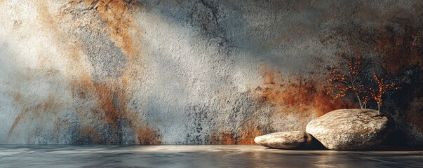 Aufkleber - Sunbeams illuminating textured wall in empty room with stones and decorative plants