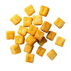 Crispy golden squares of savory cornbread or croutons arranged in a minimalist pattern on a white background