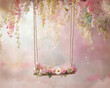 © garpinina - Empty newborn digital swing background hanging decorated with flowers