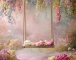 © garpinina - Empty newborn digital swing background hanging decorated with flowers