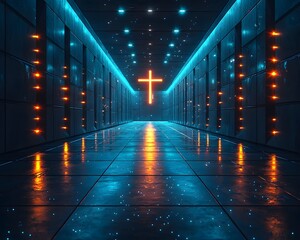 Poster - Digital Representation of a Glowing Cross Intersection in Futuristic Architecture