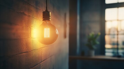 Aufkleber - Bright light bulb hanging on brick wall in modern loft apartment