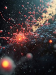 Poster - Viruses invading human cells at microscopic level showcasing complex interactions during infection process. Generative AI