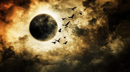 Sticker - stunning solar eclipse with birds flying across dramatic sky
