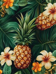 Poster - Tropical seamless pattern showcasing vibrant pineapples and exotic flowers on lush green leaves. Generative AI