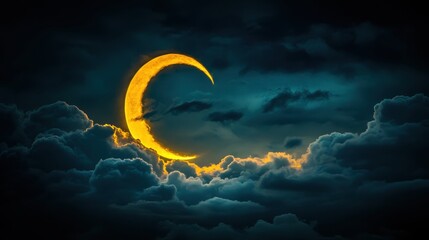 Wall Mural - Bright Solar Eclipse Illuminating Edges of Dark Clouds at Night