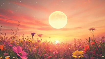 Sticker - stunning solar eclipse with colorful flowers in serene landscape