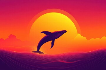 Aufkleber - Silhouette of a whale breaching against a colorful sunset over the ocean waters. Generative AI