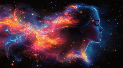 Wall Mural - vibrant swirls and stars form around a woman with long hair, creating a dreamy effect on a black bac