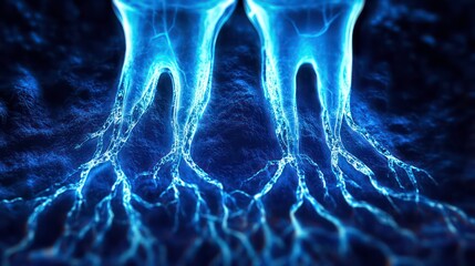 Poster - Close-up view of healthy teeth with roots showing intricate nerve connections and dental structure in a modern dental setting