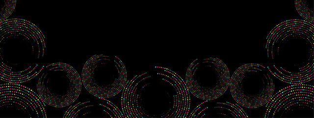 Poster - Colored abstract black background of dots. Texture of random particles. Chaotic ornament, mosaic, circular pattern of small dots.  Design banners, posters, websites, social media frameworks. Vector 
