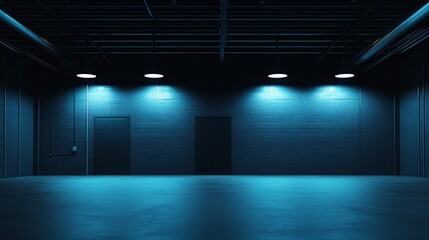 Aufkleber - Empty industrial room interior with blue lighting and two doors
