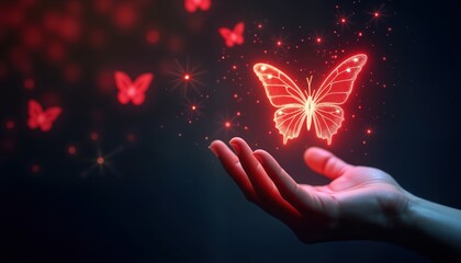 Aufkleber - hand holds glowing red digital butterfly. tech innovation concept. virtual butterfly hovering above 