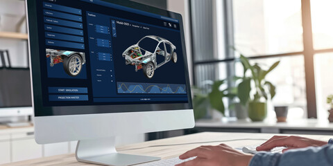 Poster - electric car design software on computer screen showing simulation blueprint brisk by digital calcul