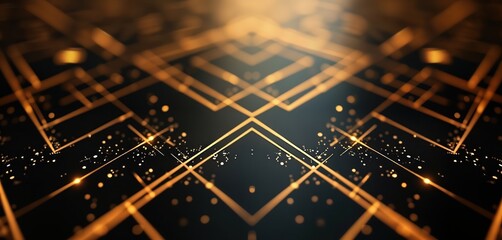 Poster - Abstract design with black background, golden lines. Geometric pattern with glowing points. Modern, stylish design. Looks like electronic circuit technological concept. Perfect for wallpaper