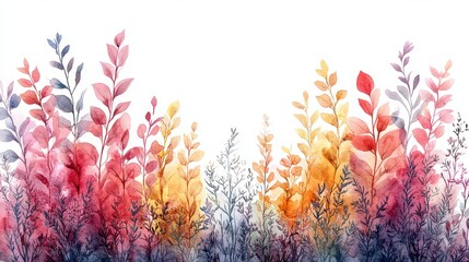 Wall Mural - Watercolor painting of colorful autumn leaves and plants on white background.