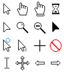 Poster - pixelated various computer cursor icons, including pointers, hands, hourglass, spinning circles, mag