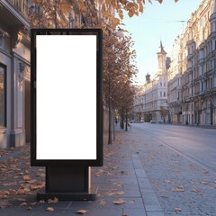 Poster - A blank billboard stands on a city sidewalk, surrounded by autumn leaves and old European style buildings.