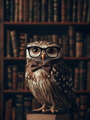 Leinwandbilder - Owl in glasses and bow tie poses in front of a grand bookshelf filled with books in a cozy library setting. Generative AI