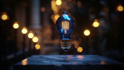 Wall Mural - a glowing sapphire bulb hovers mid-air above a shadowy marble platform