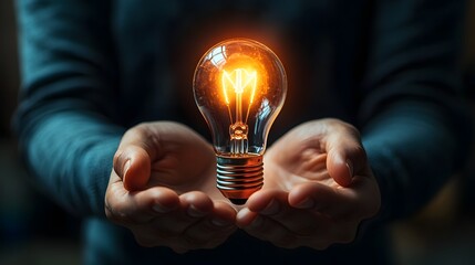 Poster - Closeup image of human hands gently holding a glowing light bulb representing the concept of innovation bright ideas and creative problem solving