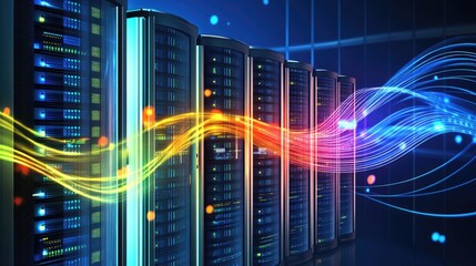 Poster - A conceptual design of a shield and servers linked by digital waves, representing cybersecurity and secure systems.