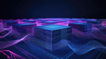 Poster - A conceptual design of a shield and servers linked by digital waves, representing cybersecurity and secure systems.