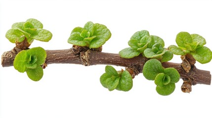 Wall Mural - Fresh Green Leaves on Twig Branch Isolated on White Background