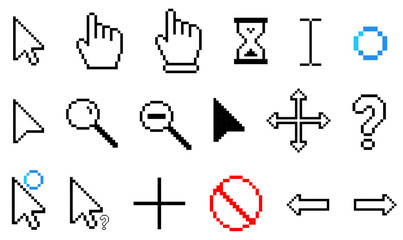 Poster - Various computer cursor icons, including pointers, hands, hourglass, spinning circles, magnifiers, arrows, question marks, cross symbols, plus signs, minus signs, and prohibition icons, pixel art.