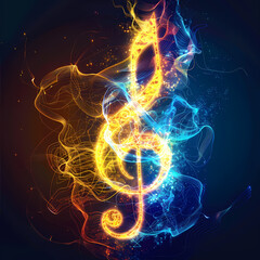 Poster - Colorful musical note design with glowing effects in vibrant hues of blue and orange. Generative AI