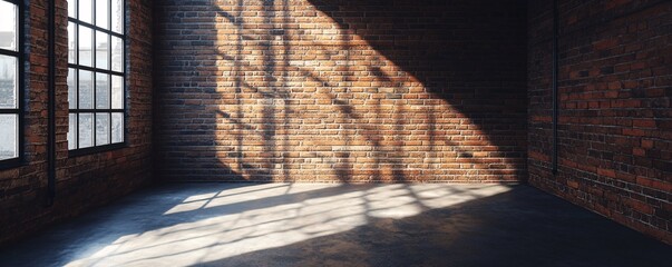 Aufkleber - Sunlight illuminating empty industrial loft with brick walls and concrete floor