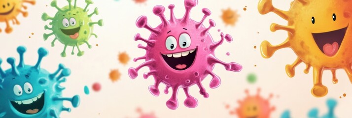 Aufkleber - Smiling cartoon microbes in vibrant colors enjoying their playful environment. Generative AI