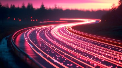 Poster - glowing trails of light weave through a futuristic data grid creating an immersive and dynamic lands