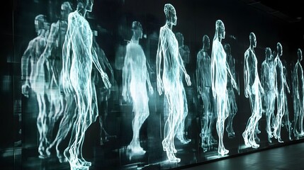 Poster - Futuristic digital screen displaying abstract ethereal walking figures adding dynamic energy and movement  Minimalist ghostly silhouettes in a dark sci fi inspired atmosphere