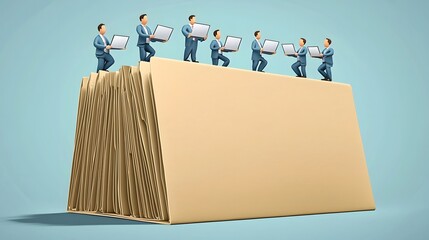 Poster - Cartoon Executives Giving Presentations Atop a Large File Folder  Concept of corporate teamwork management business strategy and workflow organization