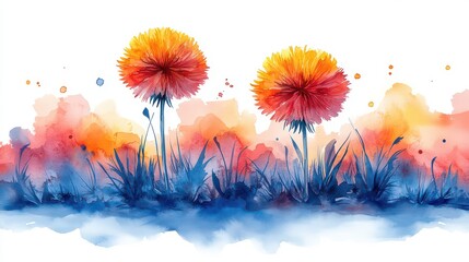 Wall Mural - Watercolor painting of two orange dandelions in blue grass.