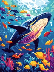 Poster - Majestic whale swimming amidst a vibrant school of colorful fish in a lively underwater habitat. Generative AI