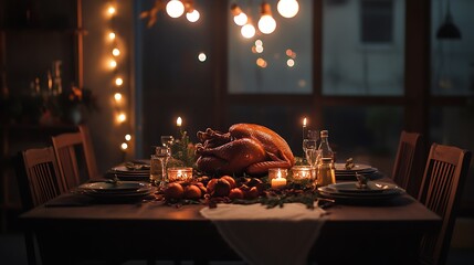 Wall Mural - Festive Thanksgiving dining table with roast turkey and string lights