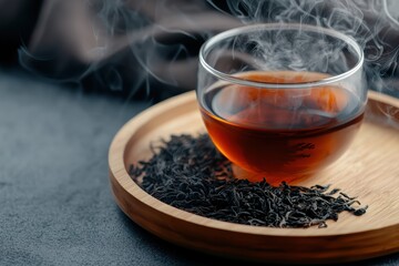 Wall Mural - A cup of tea with a wooden tray and a leaf on it