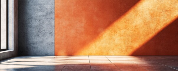 Aufkleber - Sunlight illuminating empty room with orange wall and concrete floor