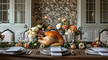 Wall Mural - Thanksgiving dining table with roast turkey and elegant floral arrangements