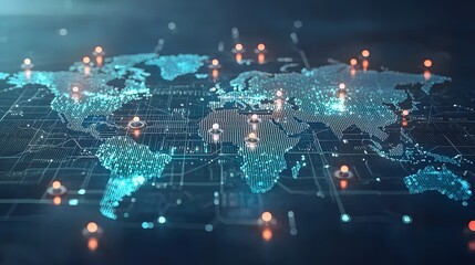 Poster - Futuristic abstract digital network data visualization showing interconnected nodes and links spanning across a global map representing the concept of worldwide connectivity