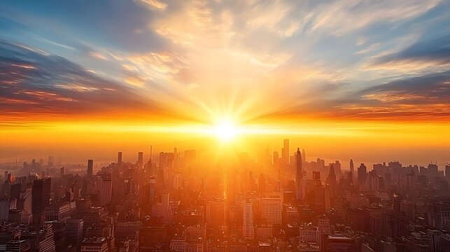 glowing futuristic city skyline at dramatic sunrise over a tranquil urban landscape with tall skyscr