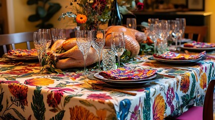 Wall Mural - Thanksgiving dining table with roast turkey and colorful Thanksgiving napkins