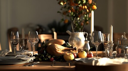 Wall Mural - Thanksgiving dining table with roast turkey and seasonal drinks