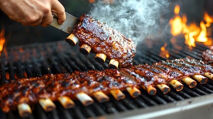 Wall Mural - Hands Flipping Sizzling Smoky Ribs on a Backyard Barbecue Grill During a Lively Outdoor Party and Flames Lick the Char Grilled Meat as the Savory Aromas Fill the Air