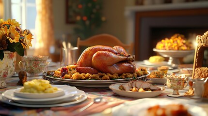 Wall Mural - Thanksgiving dining table with roast turkey and a variety of stuffing options