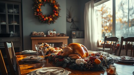 Wall Mural - Thanksgiving dining table with roast turkey and a Thanksgiving wreath on the wall