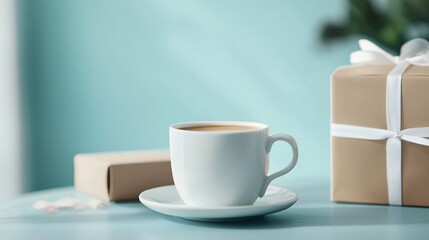 Wall Mural - Steaming cup of coffee with gift box on light blue table